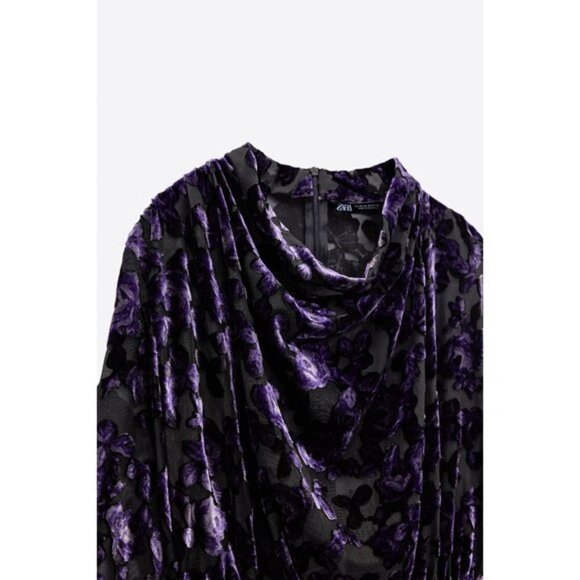 NWOT Zara purple & black velvet-like trim floral peek-a-boo sheer mini dress, S - Picture 8 of 14